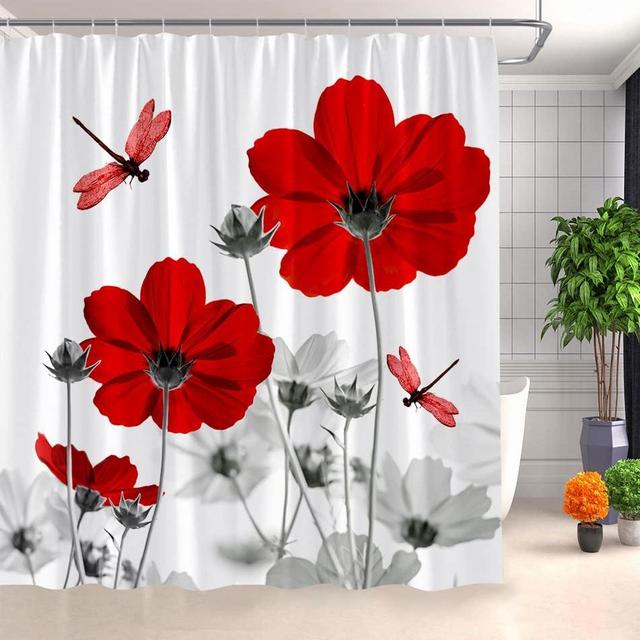 Red and Grey Floral Shower Curtain with Hooks, 70 x 70