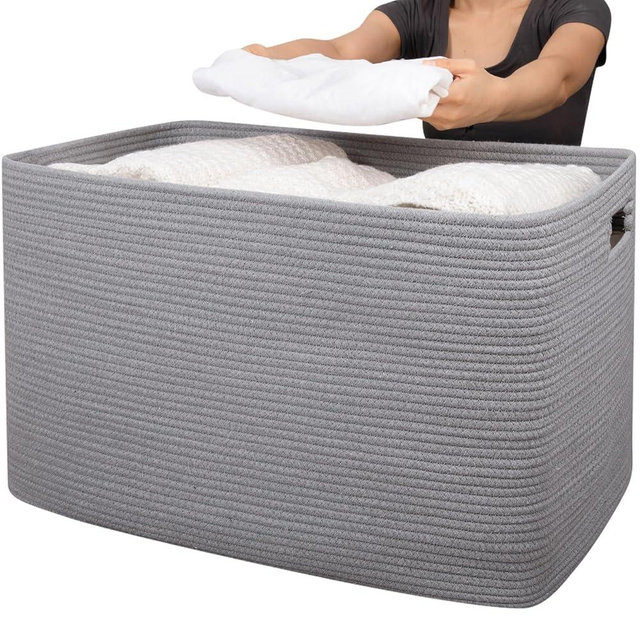 OIAHOMY 118L XXXLarge Cotton Rope Storage Basket, Oversized Blanket Basket, Used for Organizing Dirty Clothes in Living Room, Bedroom, Nursery, Dog Toy Storage Bins, 25" x 17" x 16",Grey
