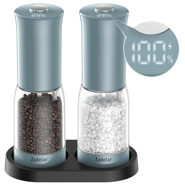 Salt and Pepper Grinder Set with LED Power Display,Larger Capacity Salt and Pepper Shakers Set Electric Rechargeable with Flexible Coarsenes,LED Light,One Hand Operation for Kitchen(Blue)