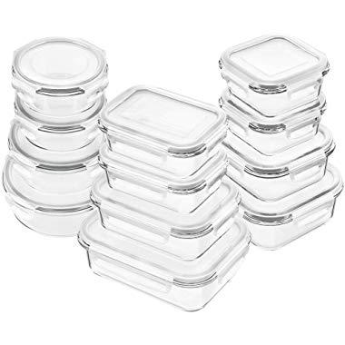 Bayco Glass Food Storage Containers with Lids, [24 Piece] Glass Meal Prep Containers, Airtight Glass Bento Boxes, BPA Free & FDA Approved & Leak Proof (12 lids & 12 Containers) White