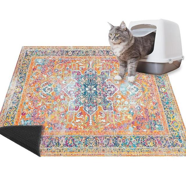Lovewag Washable Kitty Cat Litter Trapping Mat 2 PCs, Large Reusable Litter Mat for Cat and Kitty, 36x48 Inches, Cat Litter Mat Waterproof Non-slip Compatible With Cat Box - (Marmalade Sunshine)