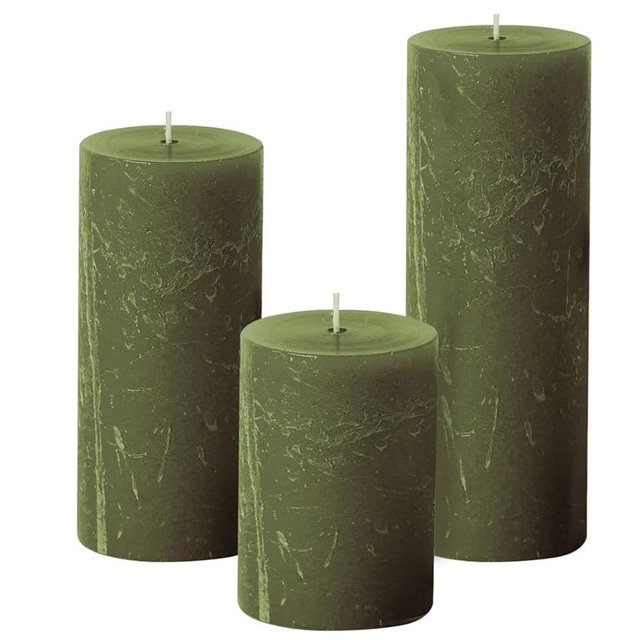 Simply Soson 3x4, 3x6, 3x8 inch Dark Moss Green Pillar Candles, Set of 3 Pillar Candles, Rustic Texture, Unscented Green Candles Dripless Candles Ideal as Wedding Parties Spa Dinner Home Decor Church