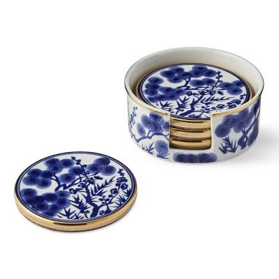 Chinoiserie Ceramic Coasters and Holder, Blue and White