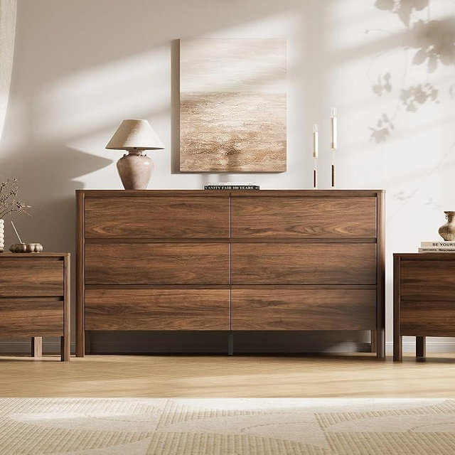 MAISONARIA Walnut 3-Piece Dresser Bedroom Set, 6 Drawers Dresser & 2 Drawer Nightstands with Hidden Handles, Wood Chest of Drawers for Bedroom, Living Room, Entryway