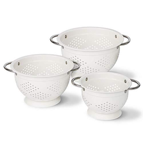 Hillbond Powder Coated Steel Colanders Strainers Drainers with Solid Base and Riveted Handles Set of 3- White(1.5 Quart,3 Quart,5 Quart)