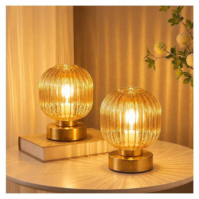 Elenhome Amber Touch Glass Table Lamp Set of 2, 3-Way Dimmable Bedside Lamps, Vintage Mid-Century Modern Nightstand Lamps for Bedroom and Living Room, Ambient Mood Lighting, LED Bulb Included（NoPort）