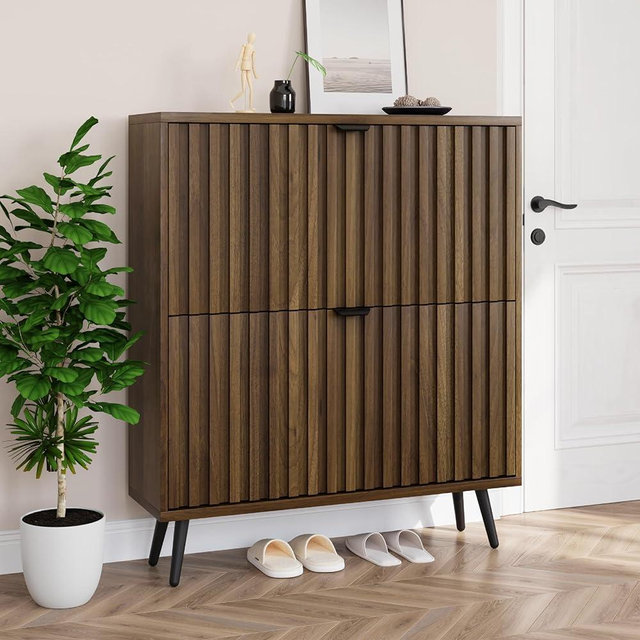 Smuxee Shoe Cabinet with 2 Flip Drawers, 31.5" Walnut Hidden Shoe Storage Cabinet with Fluted Design, Freestanding Shoe Organizer Cabinet for Entryway, Hallway, Closet, Living Room
