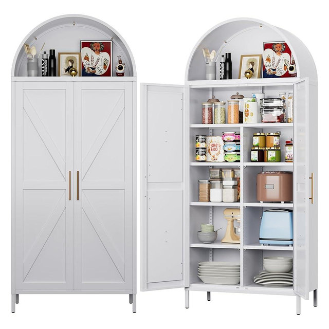 JAORD Metal Arched Kitchen Pantry Cabinet with 6 Adjustable Shelves, Farmhouse Arched Cabinet with 2 Doors for Kitchen,Bedroom,Living Room,White, Assemble Required,15.4" D x 30.7" W x 72.8" H