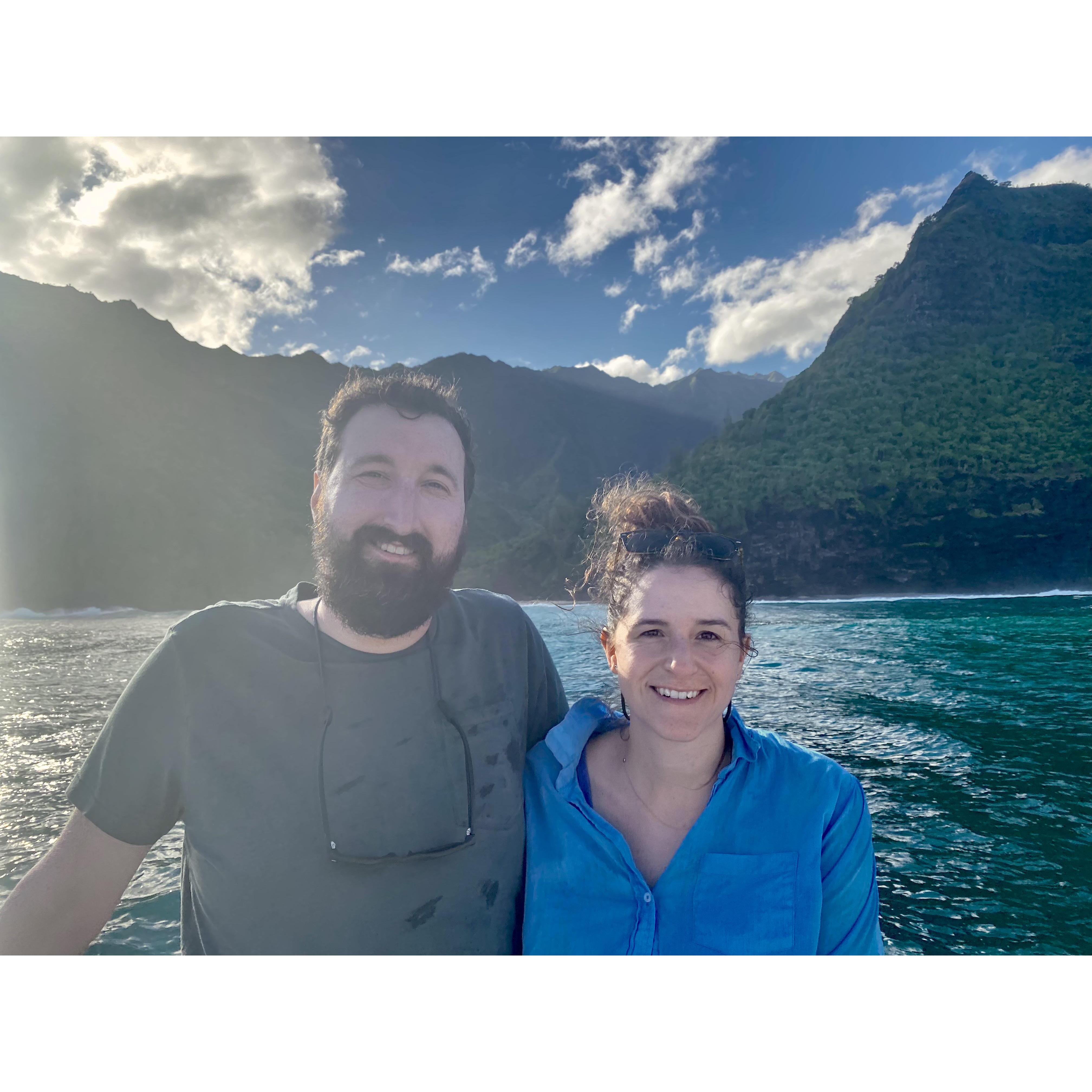 On a sunrise cruise in Kauai along the Na Pali Coast