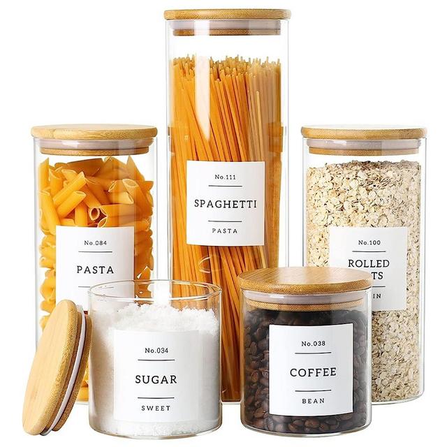 5 Pack Glass Jars with Bamboo Airtight Lids - Stackable Food Storage Containers with 132 Pantry Labels - Clear Kitchen Canisters Sets with Wood Lid for Candy, Cookie, Rice, Sugar, Flour, Pasta, Nuts