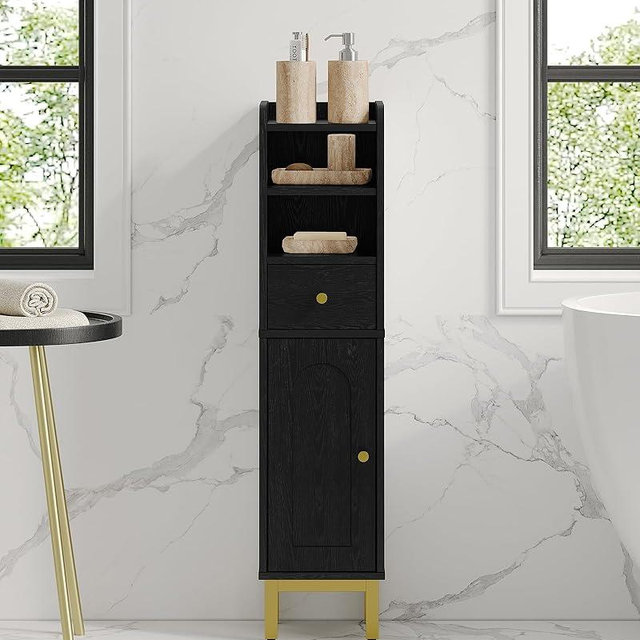 Hzuaneri Bathroom Storage Cabinet, Corner Floor Cabinet with Drawers and Doors, Narrow Toilet Paper Holder, Bathroom Organizer with Adjustable Shelf, for Small Spaces, Black, BC19804GV1