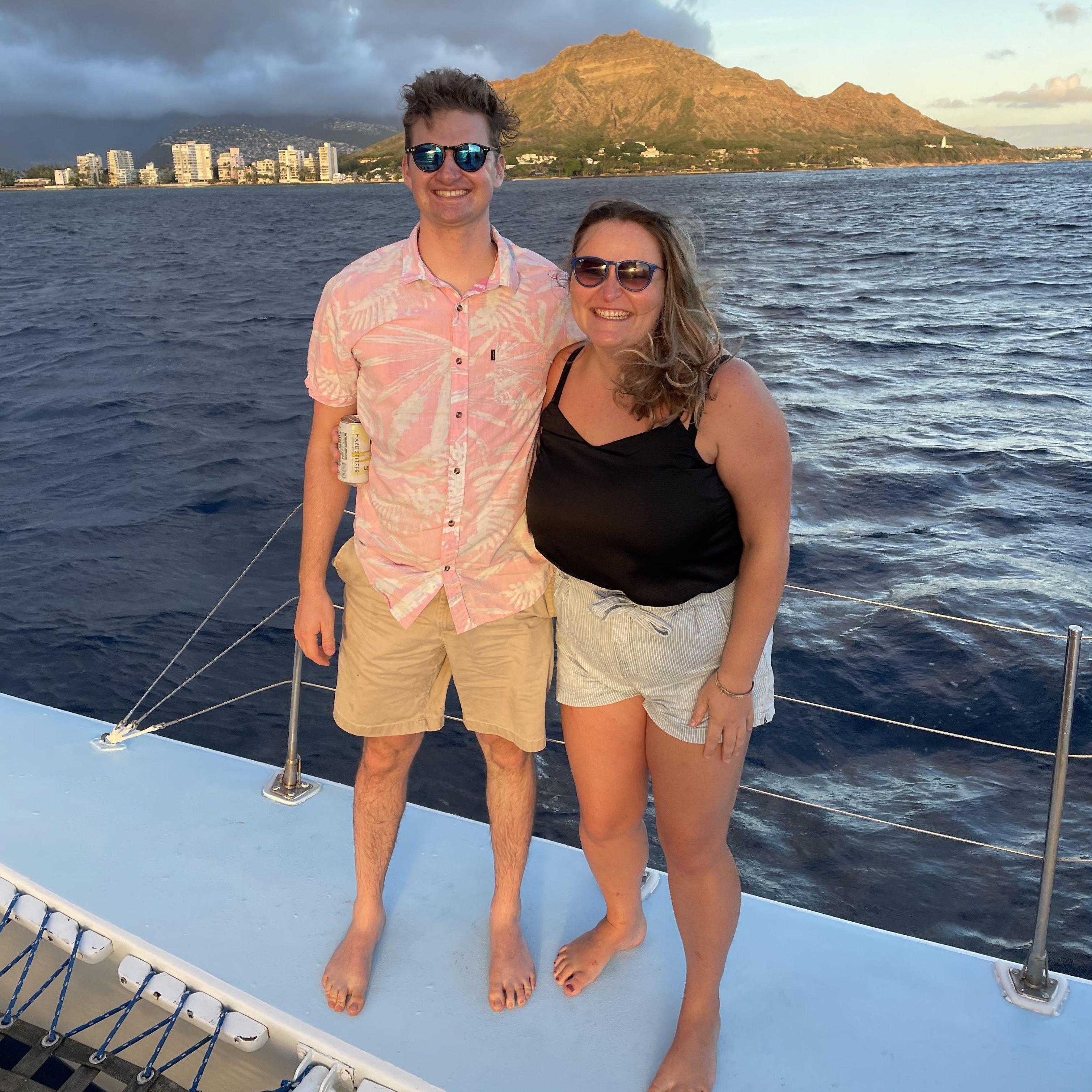 Enjoying the sun on a catamaran off the shores of Oahu