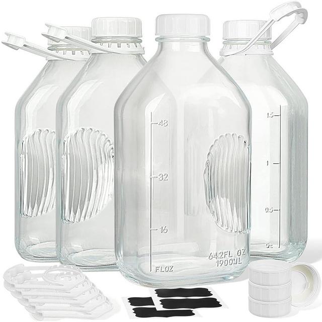 4 Pack 2 Qt Glass Milk Bottles with Airtight Reusable SCREW LID - 64 Oz Glass Juice Bottles, 1/2 Gal Glass Water Bottles, Glass Milk Jug Pitcher with 2 Exact Scale Line, Extra Lids & Handles