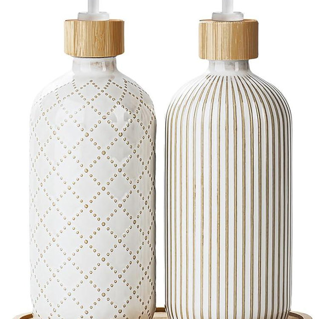 Getstar Hand and Dish Soap Dispenser Set, Ceramic Soap Dispenser for Bathroom and Kitchen with Rust Proof Pump and Tray, Set of 2 (White Pump)