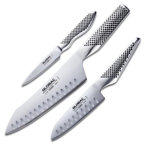 Global Classic Stainless Steel 3 Piece Knife Set with Oriental Chef's Knife, Santoku Knife and Paring Knife