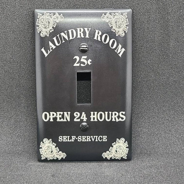Laundry room light switch and outlet plates laser engraved. Multiple options