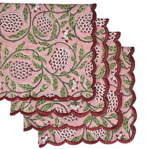 Ridhi Hand Block Print Strawberry Pink 18" x 18" (Set of 4) Embroidery Table Napkins Reusable Cotton Dinner Napkins for Weddings, Parties, Everyday Dining Gift for Spring, Easter, Valentine