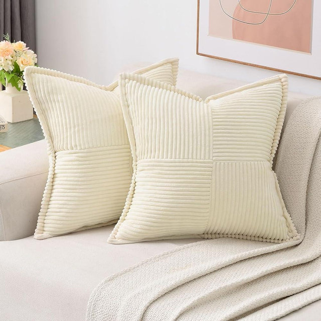 HAUSSY Beige Throw Pillow Covers 20x20 Inch Set of 2,Soft Solid Corduroy Striped/Wide Bordered,Square Decorative Cushion Case,Winter Home Decorations for Couch,Bed