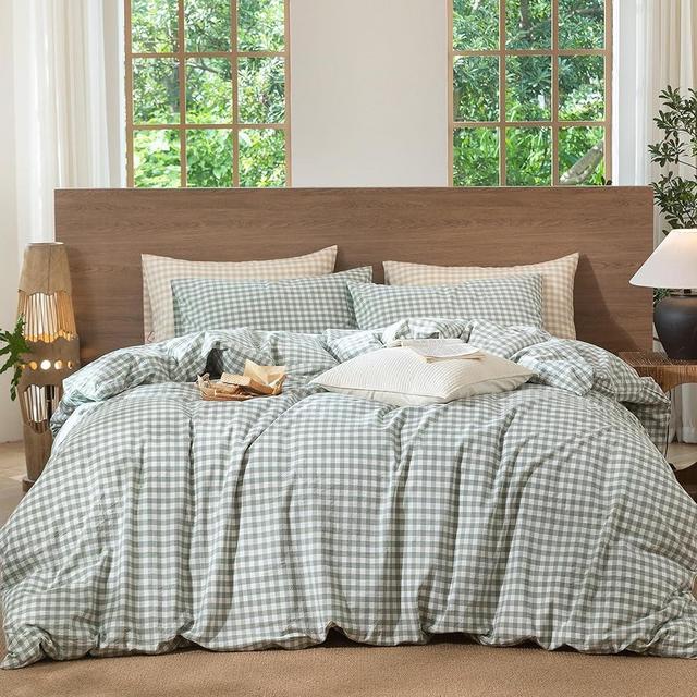 MooMee Gingham Duvet Cover Set 100% Washed Cotton Linen Like Textured Breathable Durable Soft Comfy Modern Checkered Design (Sage Green Gingham, Palatial King/Oversized King 120"x98")