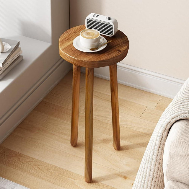 JOLLYMER 11.8" Round 24" Tall Wood Plant Stand | Teak Wood Accent Stool | Accent Table |Side Table