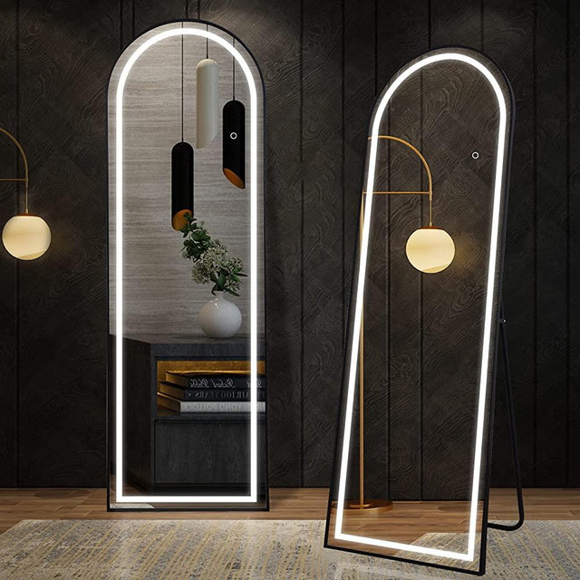 Koonmi Arch Full Length Mirror with LED Lights, 64" x 21" Free Standing Lighted Dressing Mirror, Large Floor Mirror Makeup Vanity Mirror for Bedroom Living Room Dimming & 3 Color Modes, Black