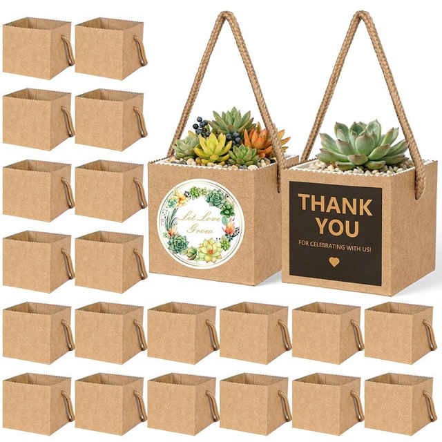 ULLIKI 2.5 Inch Succulents Wrap Bags with Thank You & Let Love Grow Stickers, Mini Succulent Gift Bags with Handles, Succulent Party Favors for Guests, Garden Party Favors for Guests (Brown 100pcs)