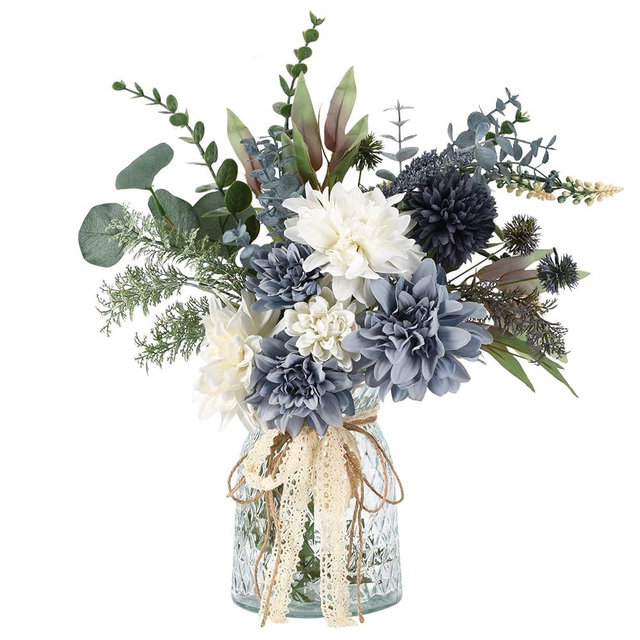 CEWOR Faux Flowers in Vase, Artificial Silk Flowers with Vase, Artificial Floral Table Centerpieces Decor for Farmhouse Coffee Table Living Room Bathroom Plant Decor