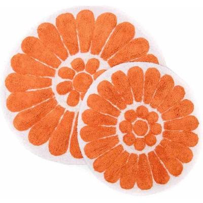 Bursting Flower 2pc Round Bath Rug Set Living Coral &#38; White - Chesapeake Merch Inc.