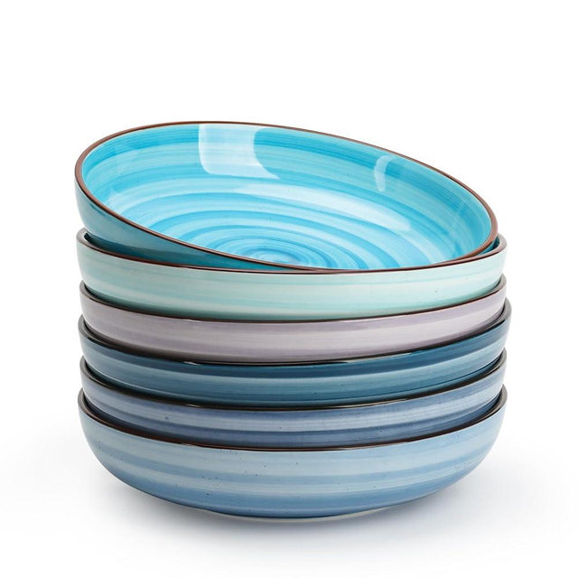 KitchenTour Large Pasta Bowls 34 oz, Ceramic Salad Serving Bowls Set of 6, 8.6 Inch Wide and Shallow for Soup- Dishwasher and Microwave Safe, Assorted Cool Colors