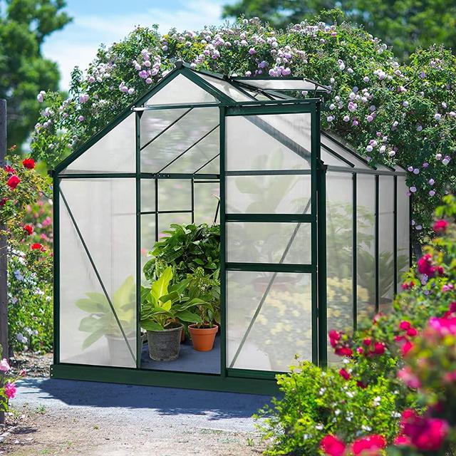 EAGLE PEAK 6' x 8' x 7' Outdoor Walk-in Hobby Greenhouse with Sliding Door, Ventilation Window, Base and Anchor, Aluminum Frame for Seedlings, Flowers, Herbs, Vegetables and Plants Backyard Garden