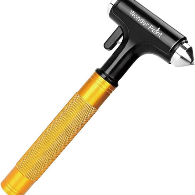 WONDER POINT Premium Car Safety Hammer - Emergency Escape Tool with Car Window Breaker and Seat Belt Cutter, Life Saving Survival Kit with Heavy Carbon Steel Points and Hardened Sharp (Yellow)