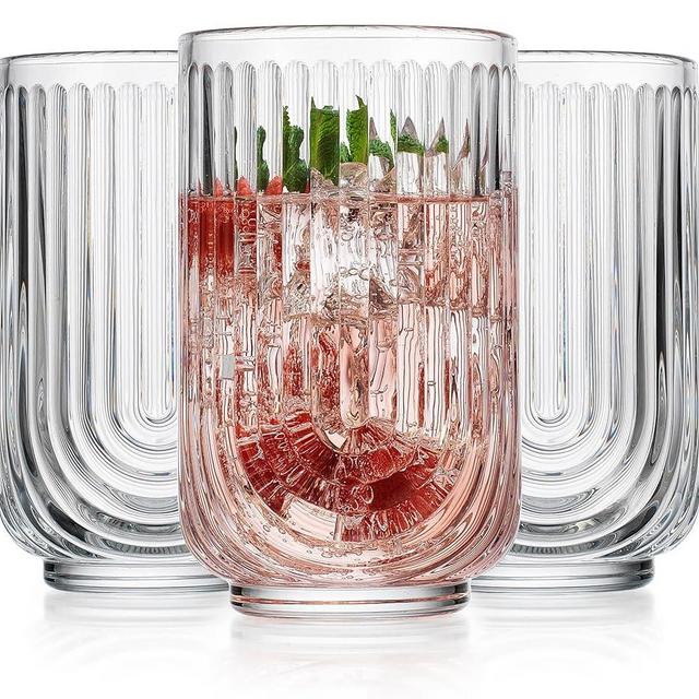 Glaver's Drinking Glasses Set of 8. 17oz Vintage Drinking Cups. Ripple Cocktail Glasses, Ribbed Drinking Highball Glass Cups. Arch Designed Art Deco Glassware for Water Juice Coffee.