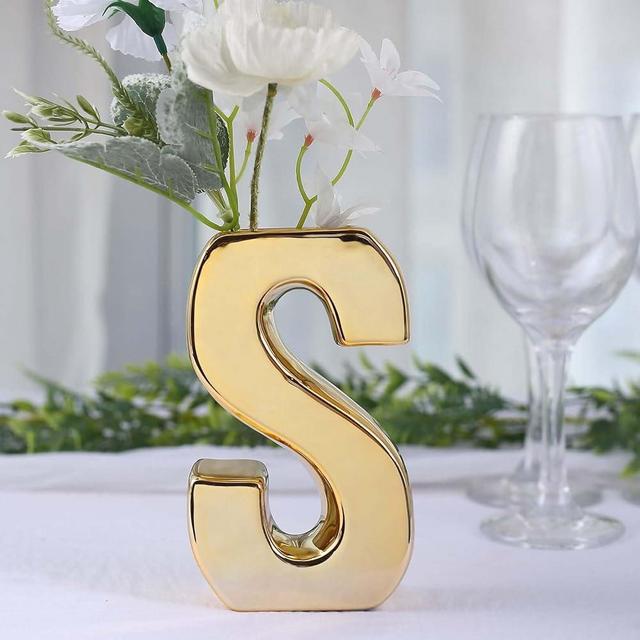 Efavormart 6" Shiny Gold Plated Ceramic Letter S Sculpture Flower Vase, Bud Planter Pot Table Centerpiece
