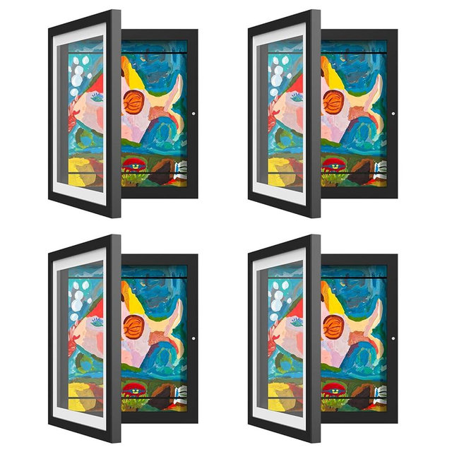 4 Pack Kids Art Frames, Kids Artwork Frames Changeable 8 x10.5 with Mat and 9 x12 Without Mat, Black Front Opening Children Picture Storage Frame for Wall Holds 50Pcs Crafts, Drawing, Art Projects