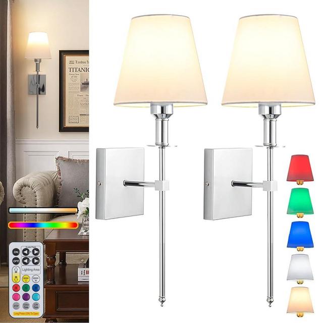 Wall Lights Battery Operated Wall Sconces Set Of 2，Indoor Not Hardwired Fabric Shade Fixtures,Rechargeable Wireless Wall Sconces With Dimmable Remote Control,for Bedroom,Farmhouse(Silver,21 inch)