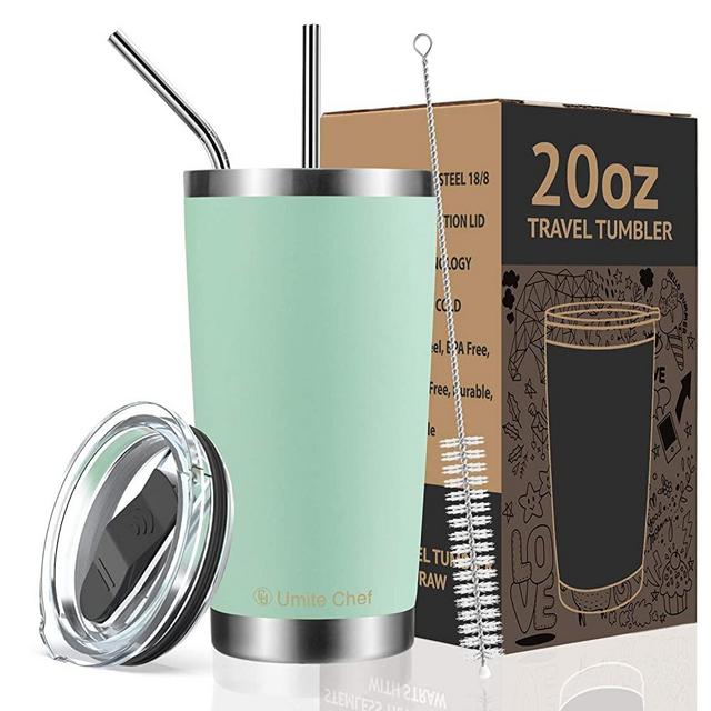 Umite Chef 20oz Tumbler Double Wall Stainless Steel Vacuum Insulated Travel Mug with Lid, Insulated Coffee Cup, 2 Straws, for Home, Outdoor, Office, Ice Drink, Hot Beverage（20 oz, Tiffany Blue)