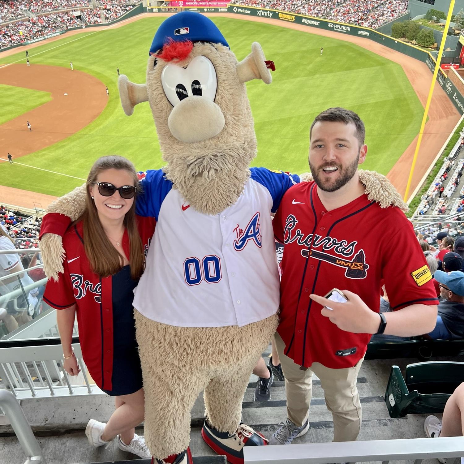 Kelly's 28th Birthday Party. John got Blooper the Braves mascot to come to our seats and surprise her, April 2024