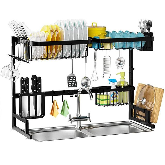 Over The Sink Dish Drying Rack Adjustable (25.6-33.5), 2 Tier  Stainless Steel Large Dish Rack Drainer for Kitchen Counter Organizer  Storage Space Saver with 10 Utility Hooks