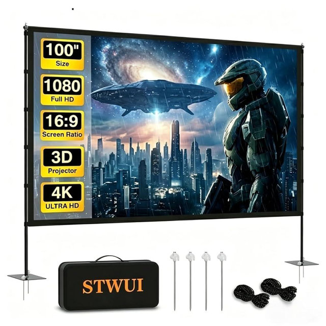 STWUI Projector Screen with Stand - 100 Inch Outdoor Projector Screen Portable Projector Screens 16:9 4K HD Outdoor Movie Screen with Carry Bag Can Enjoy Home Theater Projection Screen