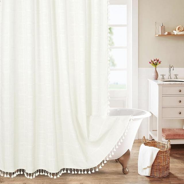 MitoVilla Ivory Boho Shower Curtain with Tassel, Modern Farmhouse Cloth Shower Curtains for Country Bathroom Decor, Thick Cotton Linen Fabric & Vintage Rustic Style, Cream White/Ivory, 72 x 72
