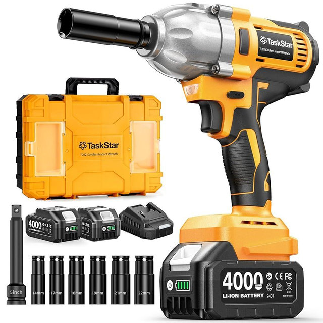 1/2" Cordless Impact Wrench, 1400N·m(1032ft・lbs) Brushless High Torque Impact Gun, Electric Impact Driver, 2x4.0Ah Batteries, LED Light, Charger, 6 Sockets, 3 Variable Speeds for Car/ Pickup/Mower