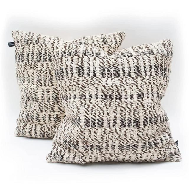 Chardin home Boho Pillow Covers, Set of 2 Decorative Throw Pillow Covers 18x18 | Farmhouse Pillow Cover Ivory & Brown | Wool/Cotton Accent Pillow for Couch Sofa Bedroom Office Car