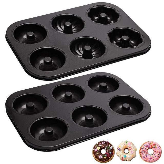 Zhaoyao 2 Pack Donut Pans, Carbon Steel Donut Pan for Baking with 6 Holes Non-Stick Stackable 10.35" x 7.28" Doughnut Pans Oven Safe Donut Molds for Bagels, Mini Cakes and Muffins