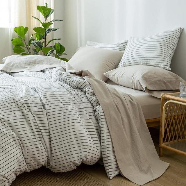MooMee Bedding Sheet Set 100% Washed Cotton Linen Like Textured Breathable Durable Soft Comfy (Cream Grey, Full)