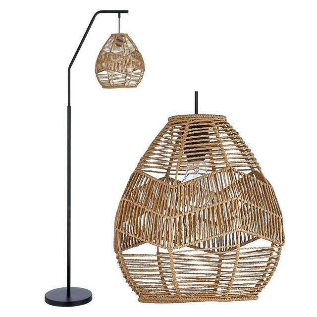 Maxax Rattan Floor Lamp for Living Room 65" Farmhouse Arc Standing Lamp with Larger Woven Rattan Lamp Shade, Industrial Rustic Black Boho Floor Lamps for Bedroom Office