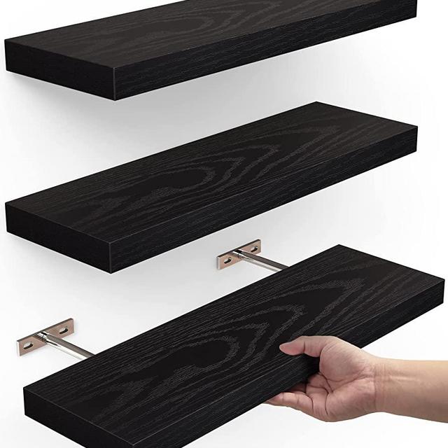 BAYKA Floating Shelves, Wall Mounted Rustic Wood Shelves for Bathroom, Bedroom, Living Room, Kitchen, Small Hanging Shelf for Books/Storage/Room Decor with 22lbs Capacity (Black, Set of 3, 16in)