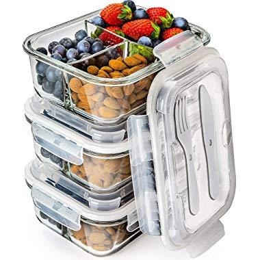 Prep Naturals Glass Meal Prep Containers 3 Compartment - Bento Box Containers Glass Food Storage Containers with Lids - Food Containers Food Prep Containers Glass Storage Containers with Lids 3 Pack