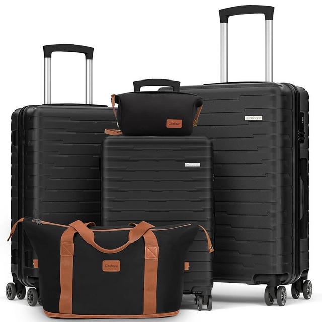 Cosbarn Luggage Sets 5 Piece, Suitcases with Wheels, PP Hard Case Luggage with Upgraded Shock-absorbing Spinner Wheel&TSA Lock, Carry On Luggage Set (Black, ABS 5 Piece Sets (20/24/28/DB/TB))