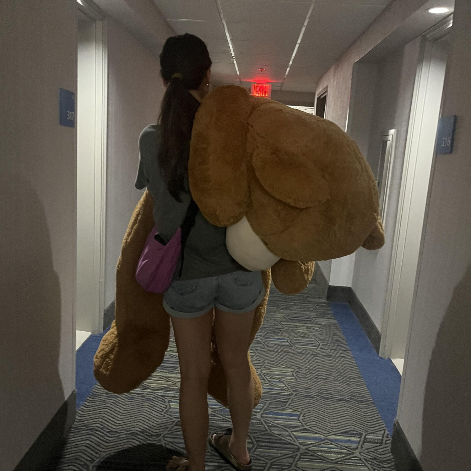 Katie spent 7 weeks in Vermont for her master's program and Jacob got her this 6-foot teddy bear to keep her company 🤣🥹 It made it the 16-hour drive there and back and was well loved 🥹