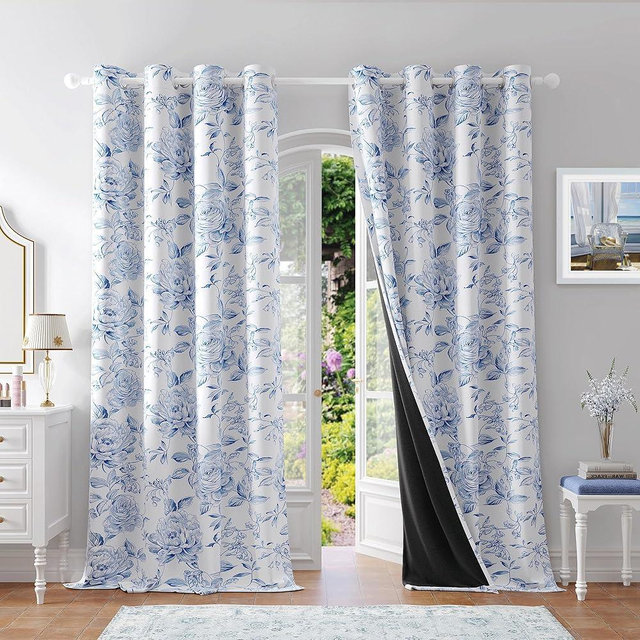 Beauoop Floral 100% Blackout Curtains 84 Inches Long 2 Panels for Bedroom Living Room Navy Blue White Farmhouse Rose Flower Patterned Room Darkening Thermal Grommet Window Treatments Drapes, 50X84
